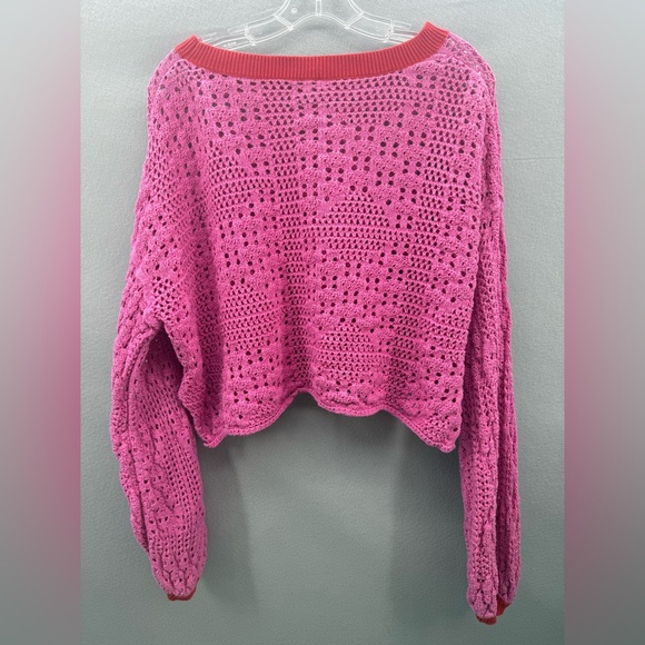 Free People Home Run Crochet Color block Cropped Sweater Size M Bohemian Hippie - Picture 5 of 11